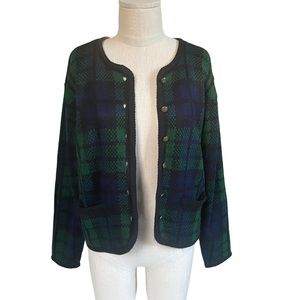 Vintage Tally Ho Plaid Blue Green Tartan Button Down Blazer Cardigan Sweater